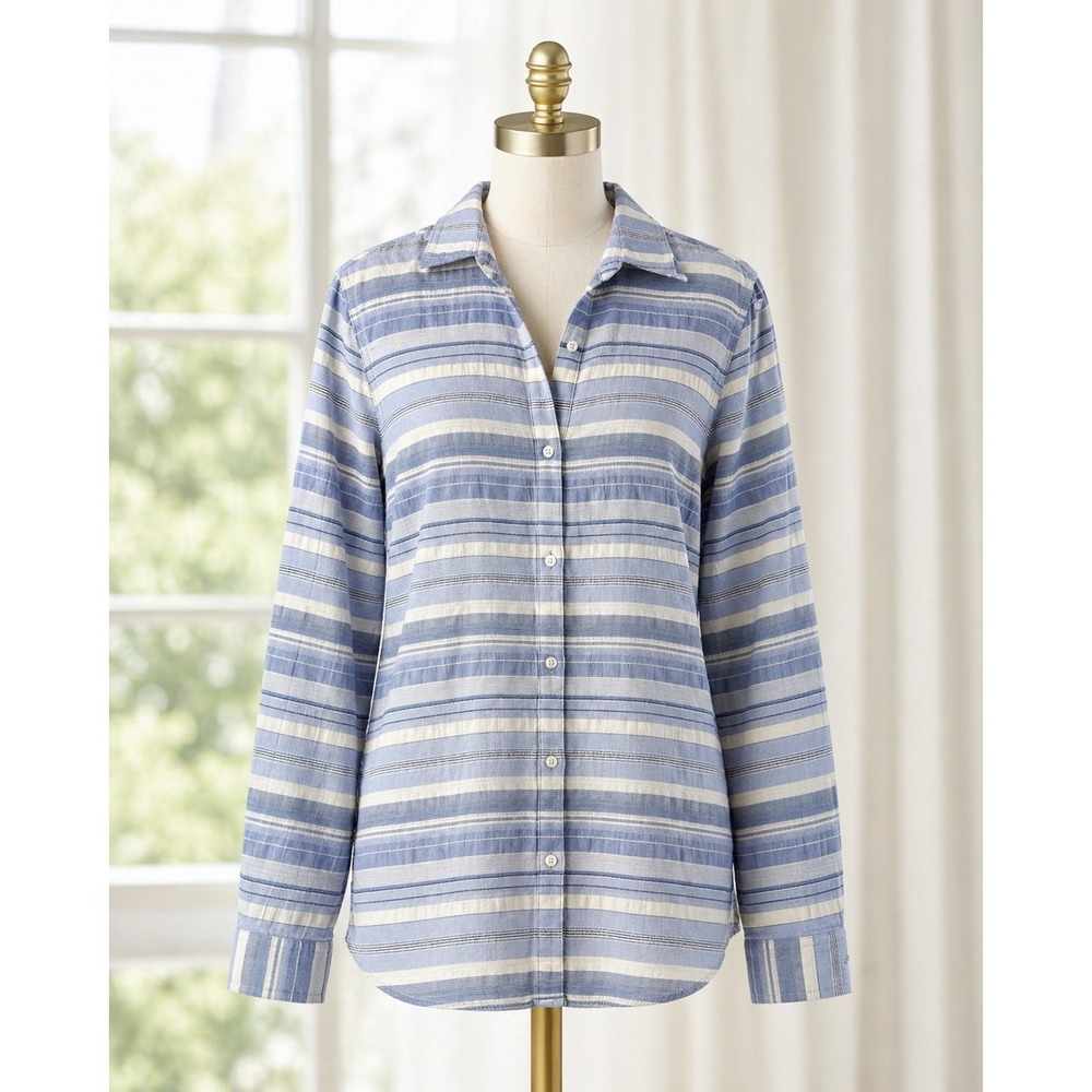 J.McLaughlin Button Down Top Blue Striped Long Sleeve Cotton Size Medium